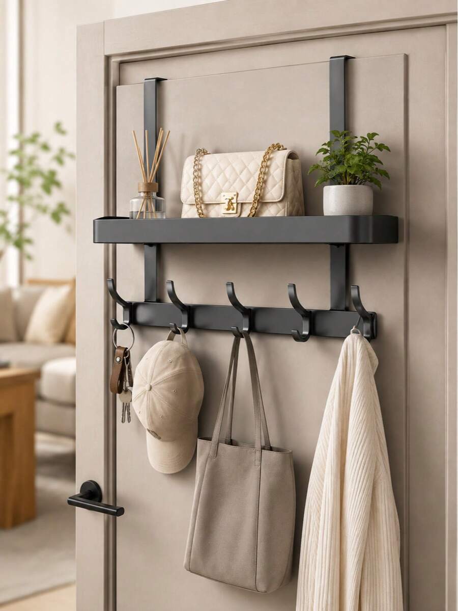 Halloween Christmas Door Hanging Rack, 5-Hook Entryway Storage Rack With Storage Shelf, No-Drill Door Hooks, Suitable For Bags, Coats, Hats, Keys And Towels, Daily Home Decor, Holiday Decoration, Space-Saving Storage Organizer, Room Decor, Creative Gift