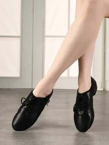 Women's Black Lace-Up Jazz Dance Shoes, Split Sole - Black - View 3
