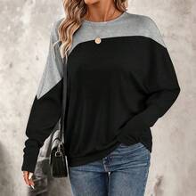 Women's Plus Size Solid Color Knit Fabric Sweatshirt, Blue And White, Vacation Beach, Summer Autumn Winter - Black - View 10