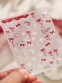 Classic Red Bow Xmas Nail Stickers 1Sheet, 3D Embossed Snowflake Crystal Ball Candle Tree Pattern Self-Adhesive Nail Decals, DIY Nail Art Decorations - Multicolor - View 4