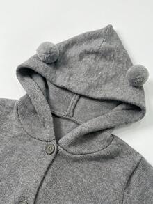 Cardigan Rajut Berkerudung Unisex Warna Abu-abu Bayi dengan Pom Pom 3D, Penutup Kancing Depan, Ujung dan Manset Bergaris, Sweater Kartun Kasual Musim Semi/Gugur - Grey - View 5