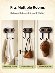 Self-Adhesive Wall Hook, Drill-Free Double J-Shaped Double Hook, Vintage Wooden Ball Multi-Function Storage Hook, Suitable For Bathroom, Kitchen, Entryway Wall Hook/Self-Adhesive Hook Self-Adhesive Hook Multi-Function Storage Hook - View 6