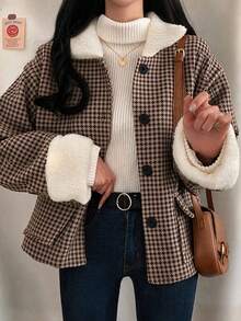 Women's Autumn/Winter Wool Blend Short Jacket, Long Sleeve Patchwork Faux Fur Collar, Button Front With Pocket Design, Casual Versatile Outerwear - Brown - View 4