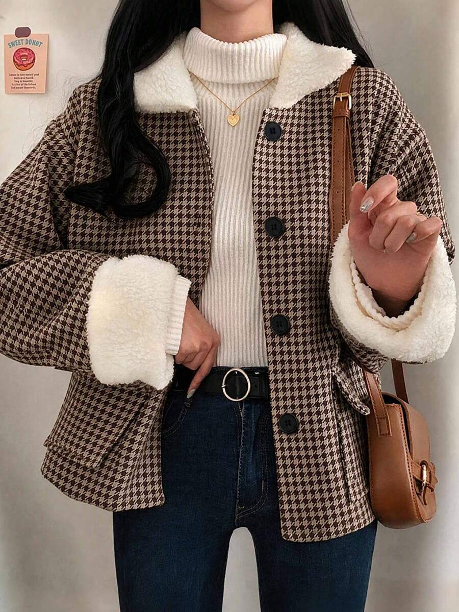 Women's Autumn/Winter Wool Blend Short Jacket, Long Sleeve Patchwork Faux Fur Collar, Button Front With Pocket Design, Casual Versatile Outerwear