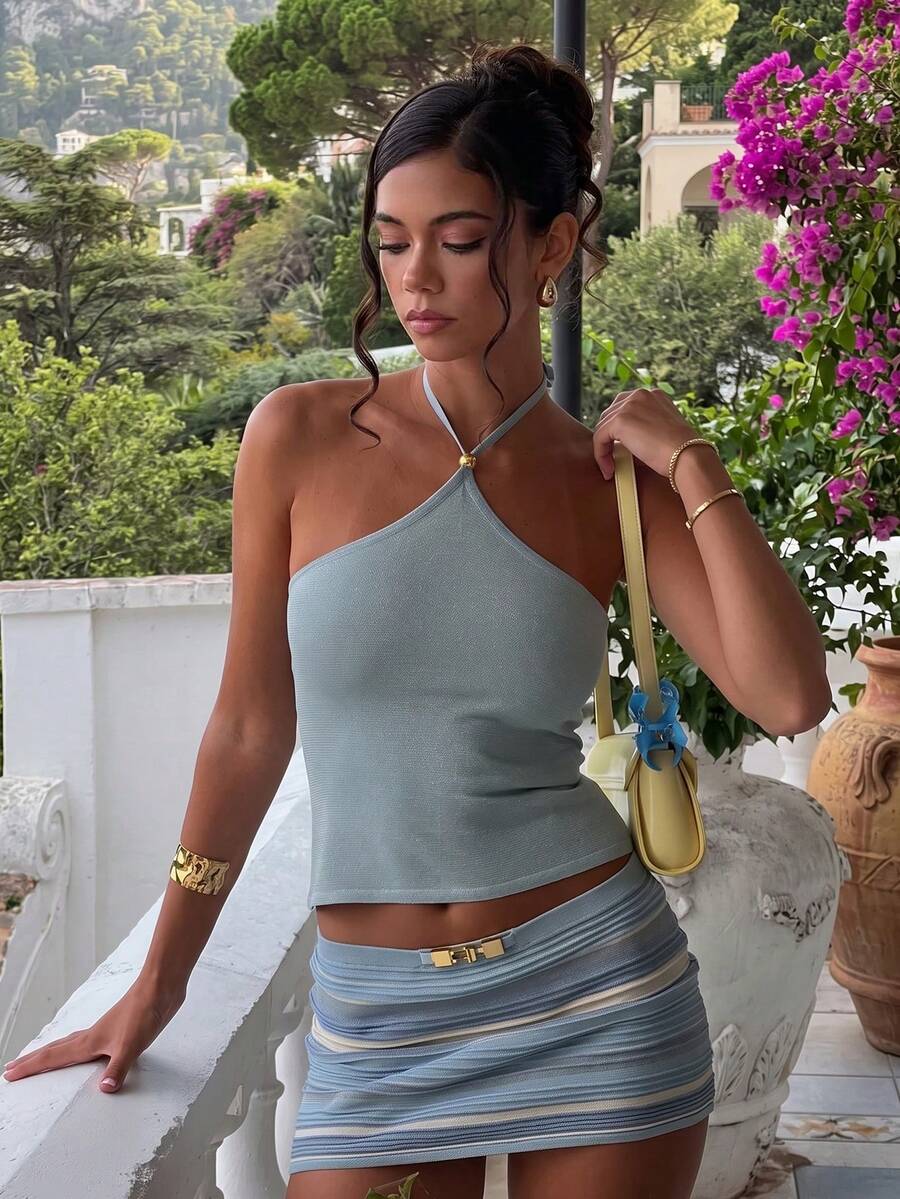 Women's Solid Color Halter Knit Tank Top And Striped Knit Mini Skirt Set, Vacation Outfit Summer, Effortless Style - Blue - View 1