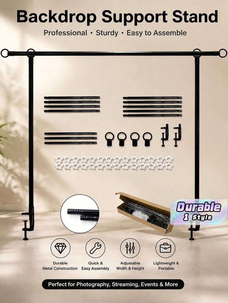 Adjustable Width Photography Backdrop Support Stand With Heavy-Duty Flat Base, Metal Steel Pipe Curtain Frame Set, Suitable For Party, Birthday, Wedding, Holiday Gathering, Photo Booth And Festival Event Decoration - Multicolor - View 1