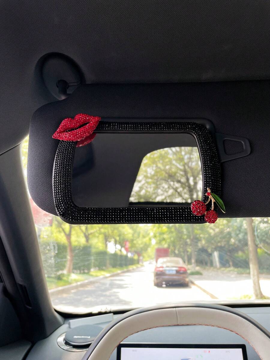 1PC Luxury Sparkling Rhinestone Red Lips Cherry Decor Car Sun Visor Makeup Mirror Grooming High Definition Mirror - Multicolor - View 1