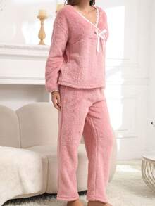 Women's Pink Lace Patchwork Bow Long Sleeve Pajama Set, Thick Long Pants 2 Pieces Set, Solid Color Casual Homewear - Pink - View 4