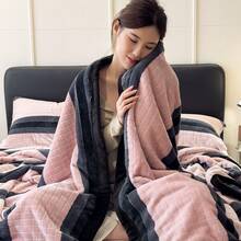1pc Colorblock Striped Plaid Woven Edge Taffeta Fleece Warm Thick Blanket, Soft Skin-Friendly Multi-Size Multi-Purpose Throw, Suitable For Office, Living Room Sofa, Bedroom Bed Use, Pillowcase Not Included - Pink - View 9