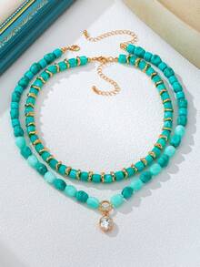 OABE 2pcs/Set Bohemian Style Asymmetrical Handmade Beaded Necklace With Oval Faux Gemstone Pendant, Suitable For Women's Daily Wear, Random Bead Color And Shape - Multicolor - View 6
