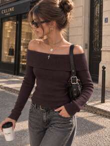 Women's Elegant Solid Color Cold Shoulder Sweater, Long Sleeve Slim Fit Pullover, Comfortable Autumn/Winter Basic Top, Suitable For Casual, Vacation, Date, Back To School Outfits - Brown - View 3