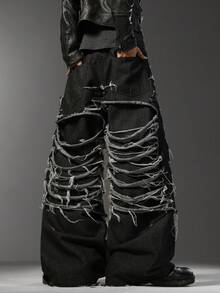 Men's Korean Street‑Style Jeans, Multi‑Ripped Design, Loose Non‑Stretch Wide‑Leg Casual All‑Season Pants (Belt & Accessories Not Included) - Black - View 7
