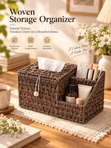 1pc Woven Storage Basket, Handmade Rope Multi-Compartment Storage Box With Lid, Decorative Desktop Organizer For Cosmetics, Stationery, Remote Controls, Suitable For Bedroom, Bathroom And Home Decor - Multicolor - View 6