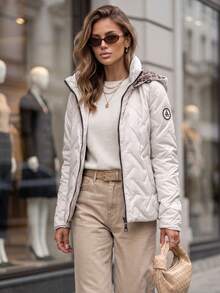 Women's Quilted Hooded Jacket With Detachable Hood, Zip Front And Side Pockets - Light Grey - View 3