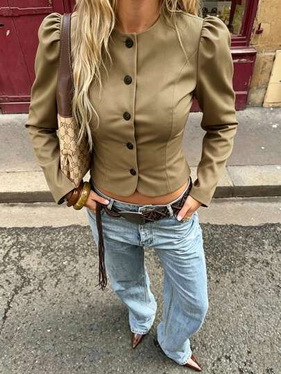 Autumn/Winter New Versatile Khaki Round Neck 3D Cut Waist-Cinching Petal Sleeve Single-Breasted Short Jacket, Elegant Casual Minimalist Commuter Office Vacation Daily Travel Date
