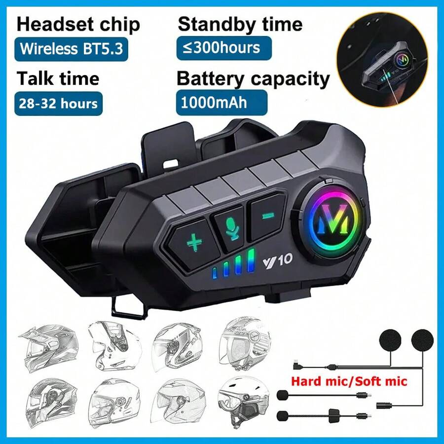 Y10 Motorcycle Helmet Wireless Headphones Bluetooth 5.3 Intelligent Noise Cancellation HiFi Sound Dual Phone Connection AI Voice Assistant 1000mAh Battery Multiple Microphones Fits All Helmets Ideal For Outdoor Riding - Y10 (No Intercom) - View 1