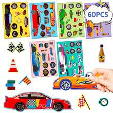 6/12/36/60 Sheets Make Your Own Car Stickers For Teens, Cartoon 6 Race Cars DesignsMake A Face Stickers For Party Favor Stickers, Decorative Laptop Scrapbook - Multicolor - View 25