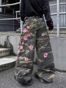 Infinite Jeans 1pc American Street Fashion Men's Patchwork Double Waist Distressed Ripped Embroidered Denim Jeans Loose Comfortable Wide Leg Pants All Season Versatile Denim Long Pants (Product Does Not Include Belt And Accessories) - Green - View 2