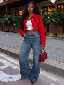 Women's Red Cropped Denim Jacket Vintage Style Long Sleeve Bomber With Collar Casual Fall Outerwear - Red - View 1