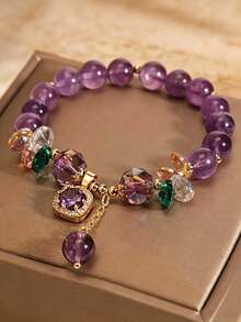 A Purple Natural Bracelet That Relieves Anxiety, Decorated With Cube Ornaments, Fashionable Jewelry In Purple And And Gold Tones - Multicolor - View 4