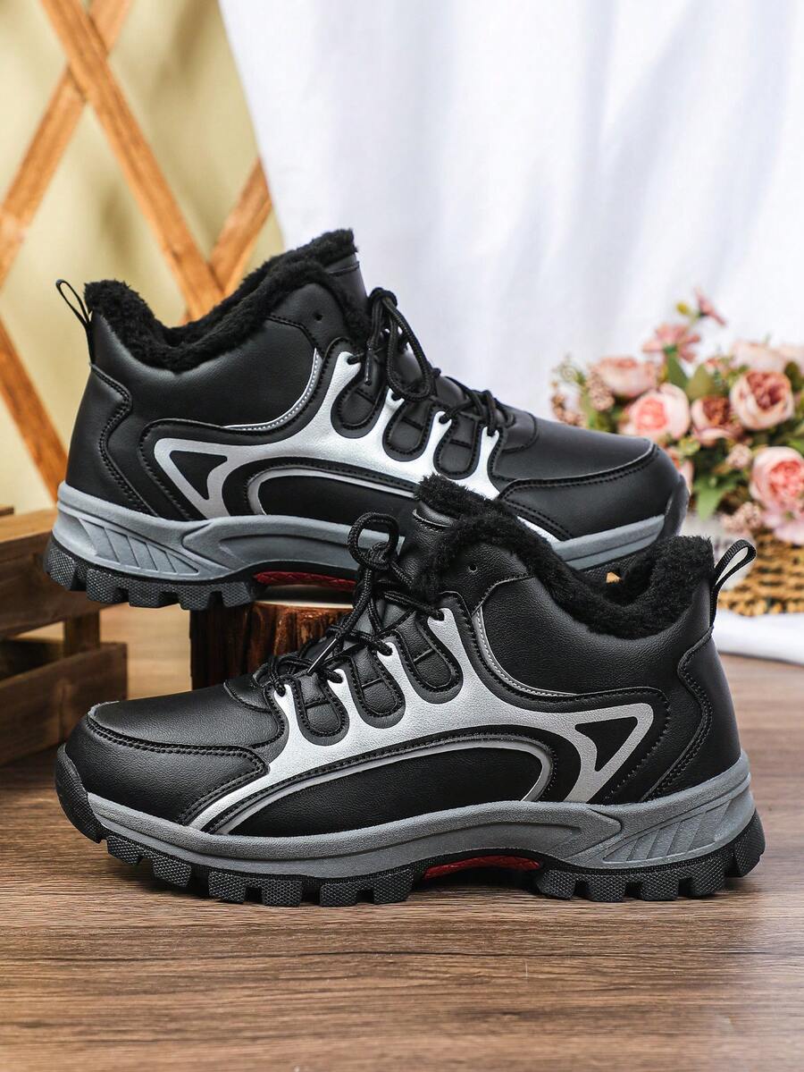 Men Black High‑Top Outdoor Snow Boots, Fleece Lining Warm Comfortable Minimalist Shoes, For Winter Hiking Camping Daily Commute All‑Match - Black - View 1