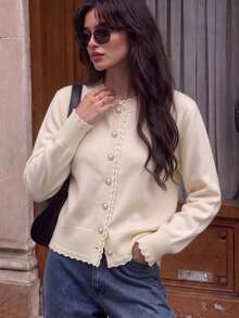 BYGOUBY Jaket Sweater Lembut Lengan Panjang Bertepi Bergelombang dengan Hiasan Renda untuk Wanita Musim Gugur/Dingin - Aprikot - View 2