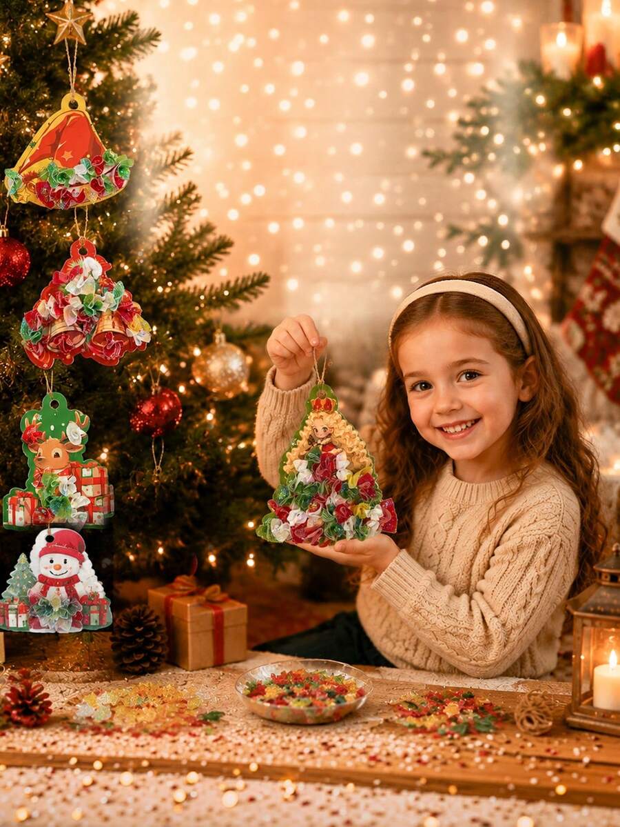 Christmas Poke Art Craft Kit For Kids,DIY Holiday Ornament Making Set With Colorful Mesh Pieces,Poke Stylus,Foam Pad & Hanging Strings,Christmas Gift