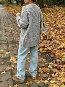Women's Autumn/Winter Round Neck Solid Color Cable Knit Loose Fit Versatile Pullover Sweater - Grey - View 3