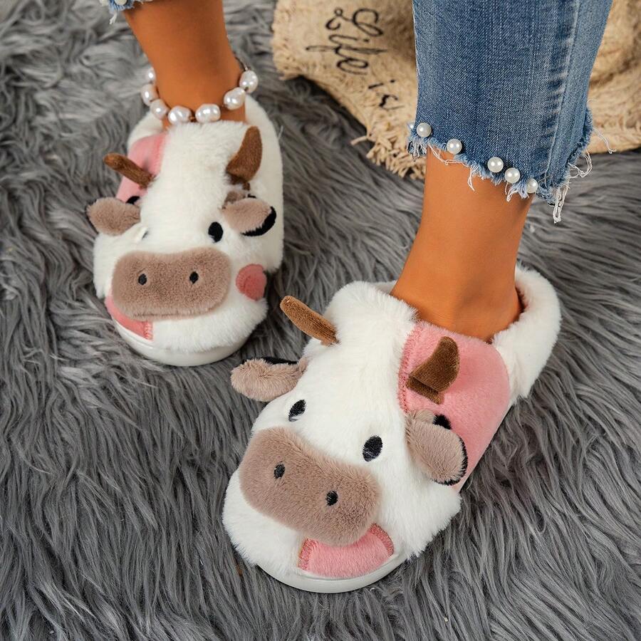 Pink Calf Shaped Plush Thick Sole Thermal Slippers, Cute Style Home Slippers, Essential Thermal Slippers For Autumn And Winter - Pink - View 1