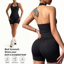 Women's Summer/Autumn Basic Polka Dot Spaghetti Strap 2-Piece Set Loungewear, Slim Fit Camisole Top + Cropped Leggings, Streetwear Elegant - Black and White - View 7