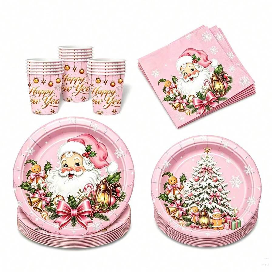 50Pcs Pink Christmas Disposable Paper Tableware Kit, Santa Claus Gingerbread Man Xmas Tree Printed Paper Plates Cups Napkins, Pink Christmas Holiday Party Table Decorations - Multicolor - View 1