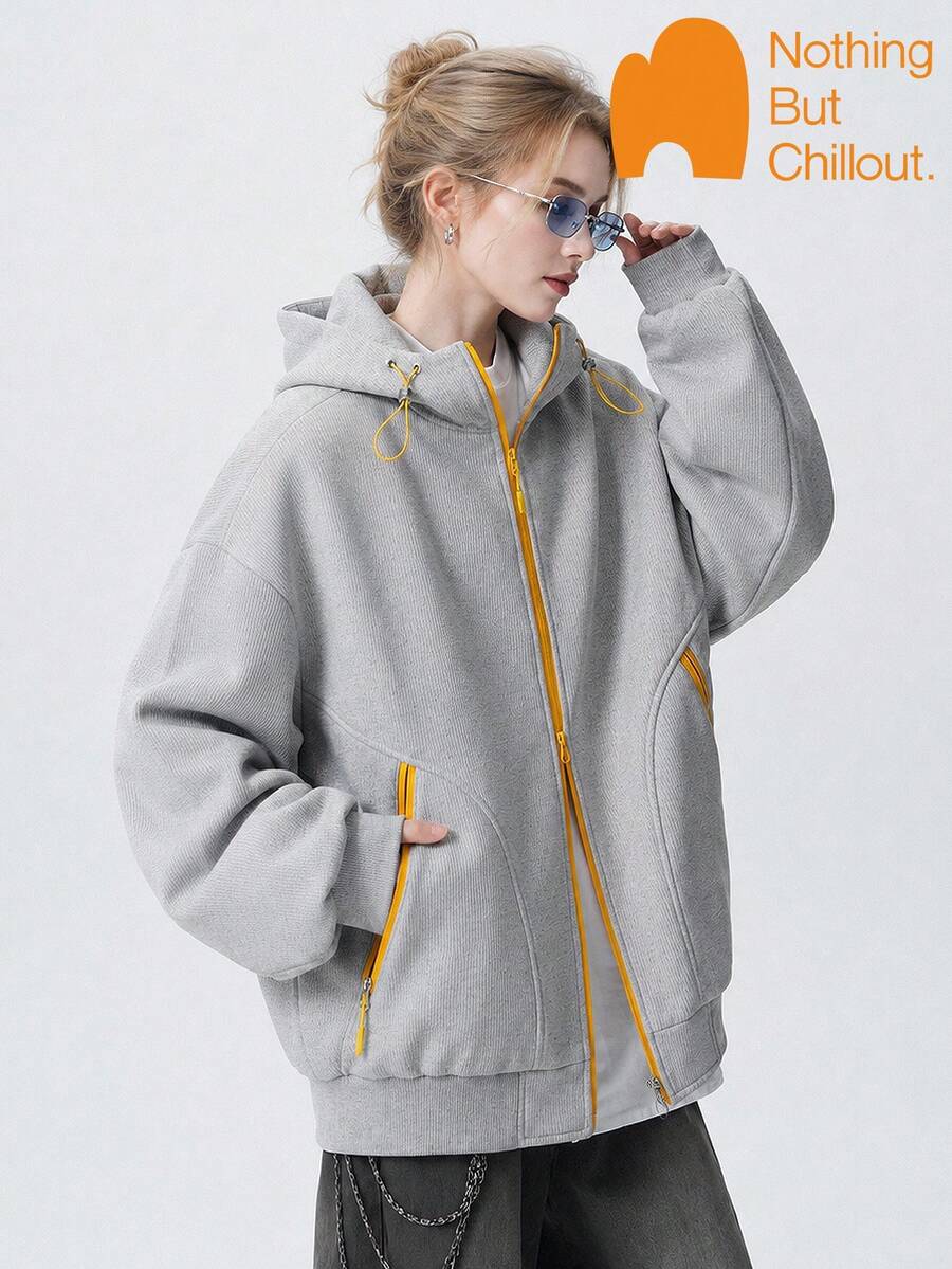 NBCT Women's Mountain Style Functional Casual Colorblock Zipper Drawstring Design Jacket, Daily Outdoor Camping Travel Versatile Hooded Coat - Heather Gray - View 1