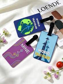 3PCS Globe Travel Theme Luggage Tags Airport Checked Baggage Anti-Mistake Identification Plates Earth Airplane Cartoon Pattern Suitcase Pendant Fillable Personal Information Luggage Name Label Road Trip Suitcase Name Tag Party Gift Birthday Gift - Multicolor - View 3