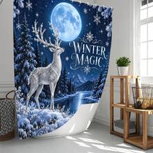 Set Dekorasi Kamar Mandi Multifungsi Moon Night Motif Rusa Perak 1pc/4pcs, Tirai Shower dengan 12 Kait Gratis, Keset Lantai Bentuk U dan Penutup Dudukan Toilet Bulat Premium untuk Suasana Liburan, Cocok untuk Semua Dekorasi Ruangan - Rusa Perak di Bawah Cahaya Bulan - View 2