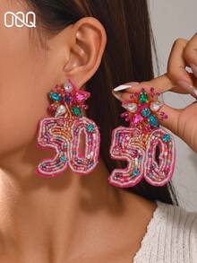 OOQ 1 Pair Fuchsia 3D Numeric Beaded Earrings, Exaggerated Elegant Design, Handmade Jewelry Suitable For Party, Holiday, Prom Wear (Handmade Beads Color, Quantity And Placement Are Random) - Color 50 - View 1