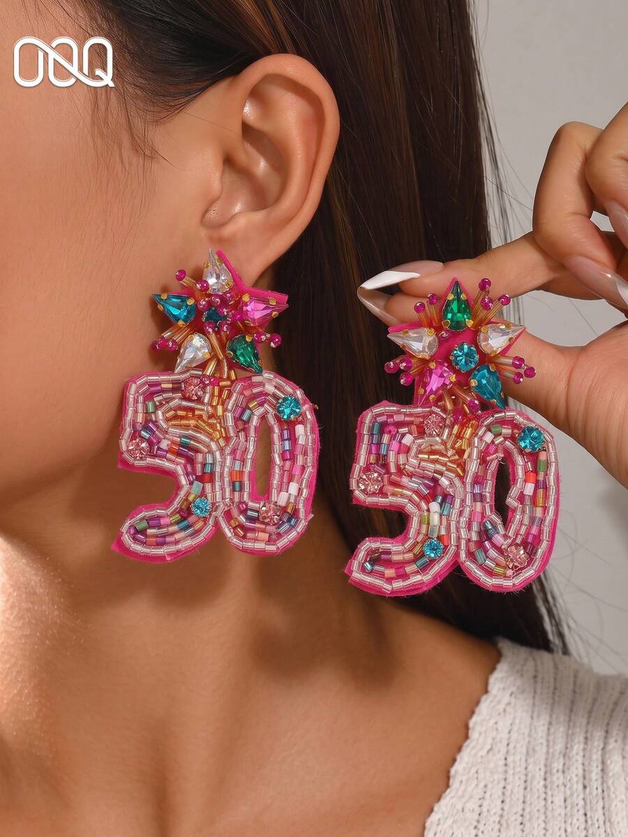 OOQ 1 Pair Fuchsia 3D Numeric Beaded Earrings, Exaggerated Elegant Design, Handmade Jewelry Suitable For Party, Holiday, Prom Wear (Handmade Beads Color, Quantity And Placement Are Random) - Color 50 - View 1