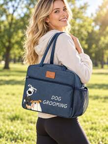 "DOG GROOMING" Printed Pet Grooming Tool Storage Bag With Dog Pattern, Large Capacity Handheld Pet Supplies Bag. Side Mesh Pockets Can Hold Combs, Scissors, Deshedding Tools And Other Pet Grooming Supplies. Portable And Convenient, Suitable For Home Storage Of Pet Grooming Supplies, Carrying During Pet Walks And Grooming, Cat And Dog Grooming Supplies Organizer Storage Bag. - Multicolor - View 10