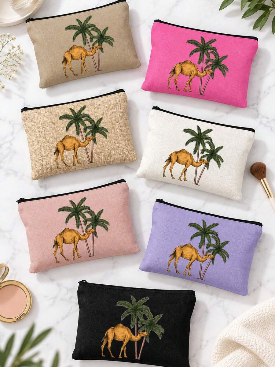 Date Palm Tree Camel Print Makeup Bag, Portable Zipper Cosmetic Pouch, Desert Style Travel Toiletry Storage Bag For Women,Middle Eastern Style,Boho Desert Pattern,Arabic Style, Lightweight, Multi‑Purpose, Gift For Her, Daily Cosmetic Storage - Multicolor - View 1