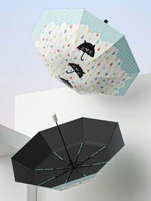 1pc Fully Automatic/Semi-Automatic Black Vinyl UV Protection Manual Portable Lightweight Cartoon Umbrella For Rain And Sun - As Shown - View 1