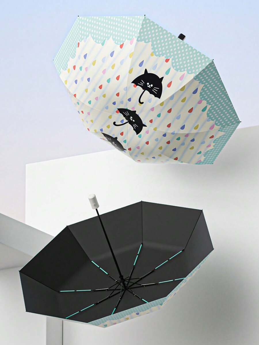 1pc Fully Automatic/Semi-Automatic Black Vinyl UV Protection Manual Portable Lightweight Cartoon Umbrella For Rain And Sun - As Shown - View 1