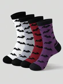 1/5 Pairs Black White Red Gray Halloween Men Women Couple Contrast Color Bat Pattern Mid-Calf Socks - Multicolor - View 11