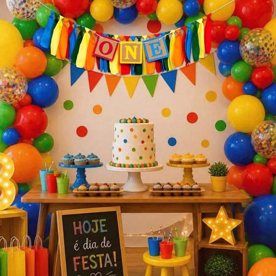 Colorful ONE 1st Birthday Fabric Banner, Building Block Theme Ribbon Tassel High Chair Banner, First Birthday Party Decorations Photo Prop - Style 1 - View 1