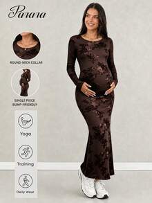Maternity Jacquard Mesh Patchwork Casual Party Dress - Coffee Brown - View 2