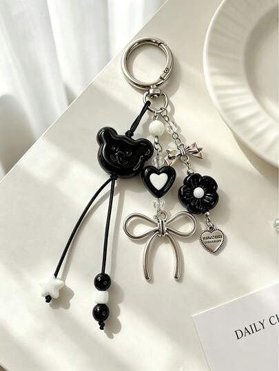 1pc Sweet & Cool Heart Keychain Black Bear Beaded Bag Charm Bow Phone Strap