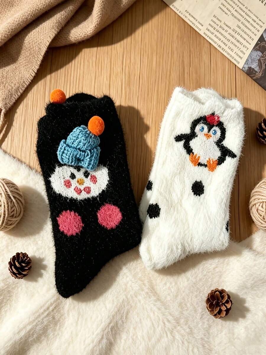 1/4/8 Pairs Cute Penguin And Snowman Plush Mid-Calf Socks, Soft And Warm -Lined Winter House Socks, Comfortable Cartoon-Patterned Sleep Socks - Multicolor - View 1