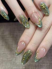 10片杏仁形穿戴甲，復古鼠尾草綠秋季美甲，金色金屬線條與花卉裸色漸層底色，亮面壓克力假指甲，適合婚禮、派對、約會、日常配戴，含果凍膠與指甲锉，女性美甲配件 - 彩色 - 查看 1