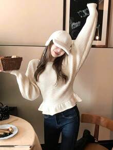 Korean Style Design Lace-Up Ruffle Waist Knit Sweater Women Autumn/Winter New Versatile Elegant Slimming Top - Apricot - View 2