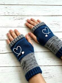 Autumn/Winter Colorblock Knit Fingerless Wrist Warmers With Cute Heart Print, Elastic Warm Gloves For Women, Daily Use - Multicolor - View 9