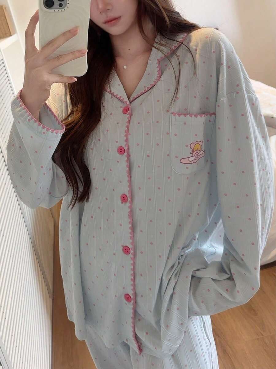 Gongdie 2 Pieces Miffy Women's Pajama Set,Fall Blue Textured Cotton Loungewear With Pink Trim And Pocket - Baby Blue - View 1