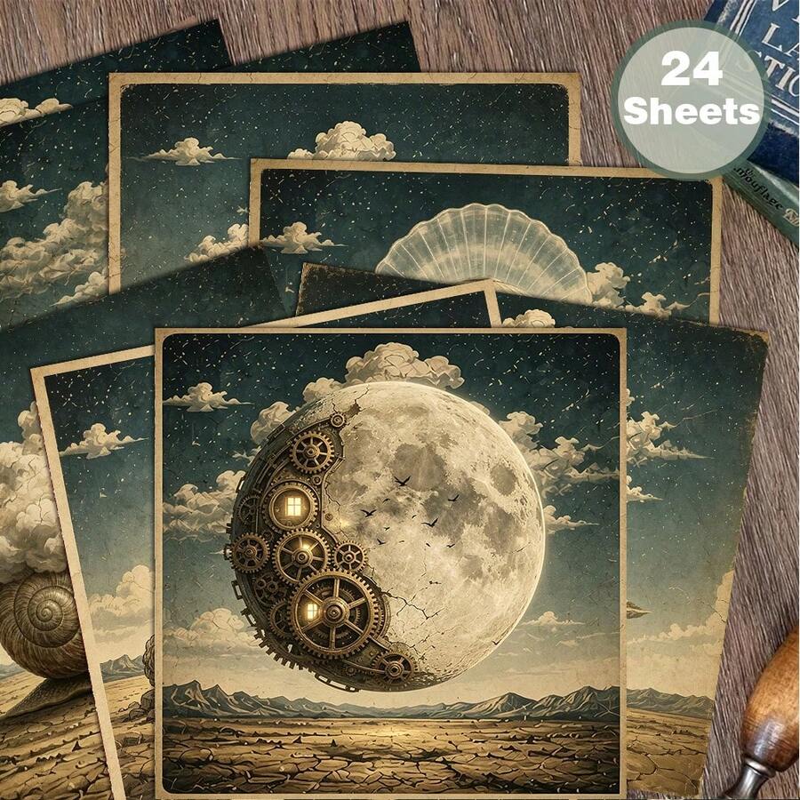 24pcs 6x6 Inch Surrealist Scrapbook Paper, Non-Repeating Pattern Cardstock, Vintage Dreamcore & Steampunk Craft Paper, Suitable For DIY Dark Academia Journaling, Collage Art And Miniature Wall Art - Square - View 1